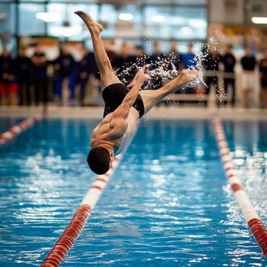 A person entering a pool feet-first, with water splashing around them.