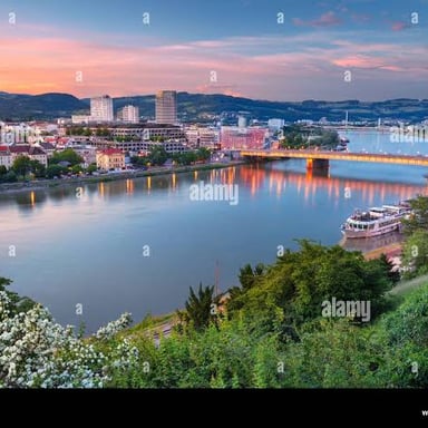 A view of Linz, Austria, beside the Danube River.