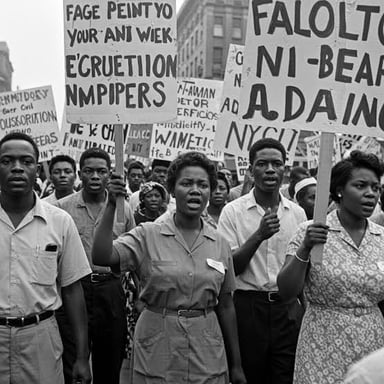 A group of people marching along a street with protest signs