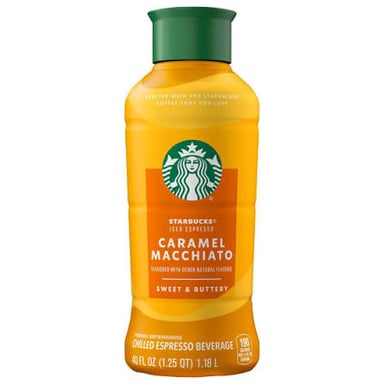 A Starbucks-style macchiato served in a clear cup.