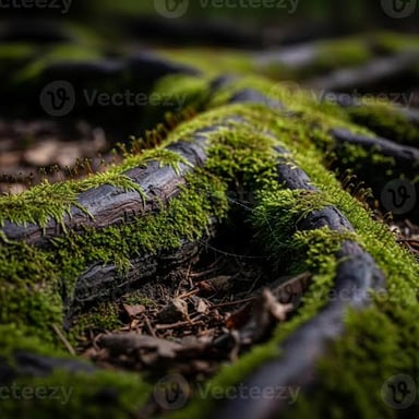 A forest floor covered with green moss