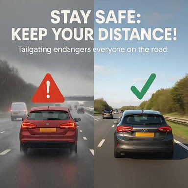 One car follows closely behind another on a highway.