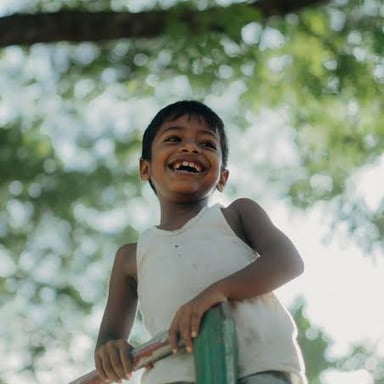 A person laughing with a joyful expression.