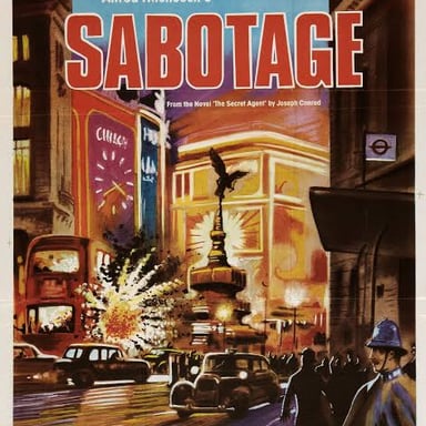A poster or promotional image for Alfred Hitchcock’s 1936 film Sabotage