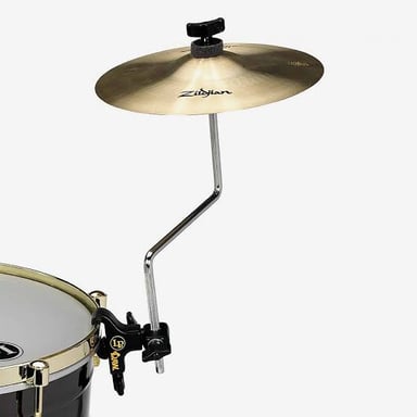 A small splash cymbal mounted among the drums and cymbals of a kit.