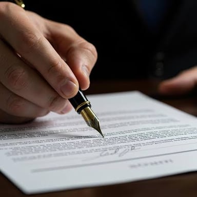 A person writing a signature on a document.