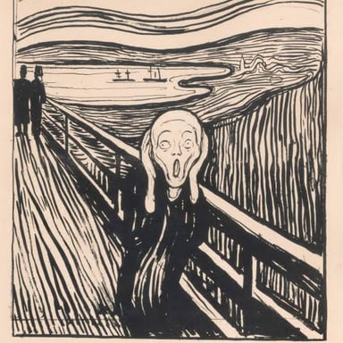 A figure holds its head against a dramatic, swirling background.