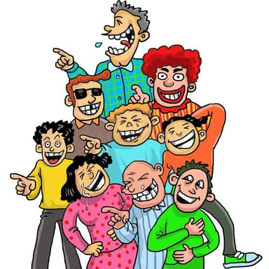An audience laughing in response to a joke.