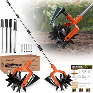 A rotary garden tiller loosening soil.