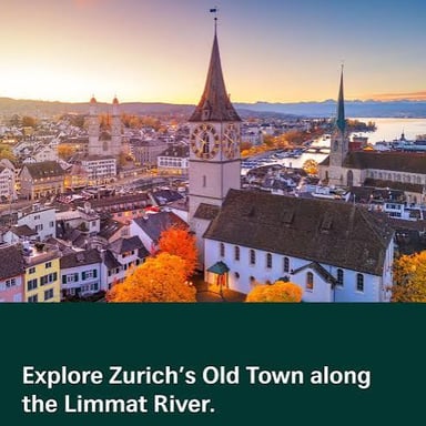 Buildings along the Limmat River in Zurich, Switzerland.