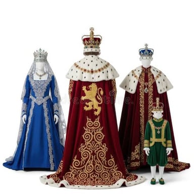 A crown, scepter, and ceremonial robes representing royal regalia.