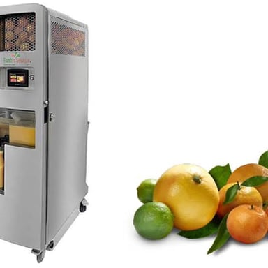 Fruit being pressed in a juicer to extract juice.