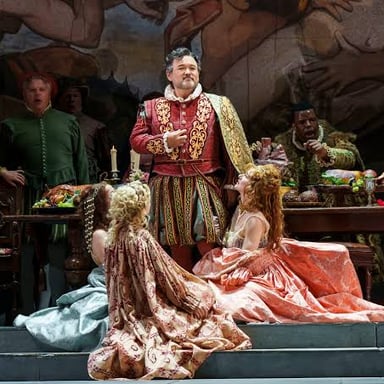 A staged performance of Giuseppe Verdi’s opera Rigoletto.