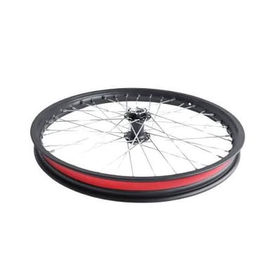 Spokes radiate from the hub to the rim of a bicycle wheel.