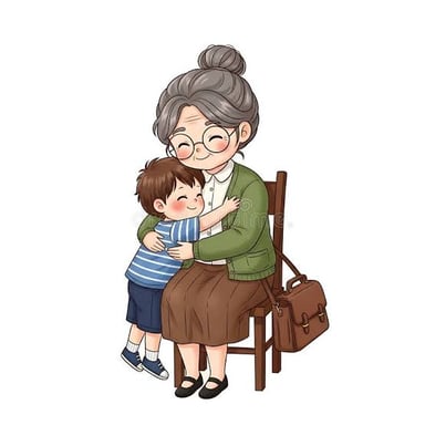 A grandmother warmly embracing a child.