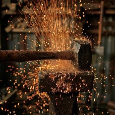A blacksmith striking a piece of metal on an anvil.