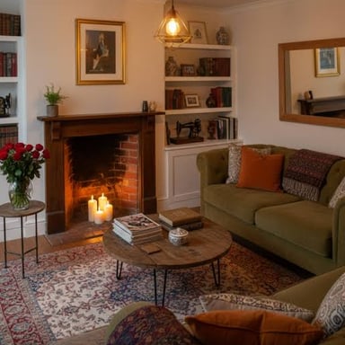 A room lit by the glow of candles.