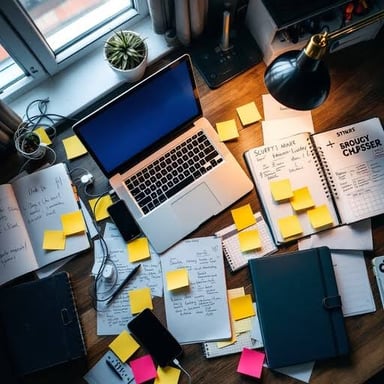 Many handwritten pages spread across a desk.