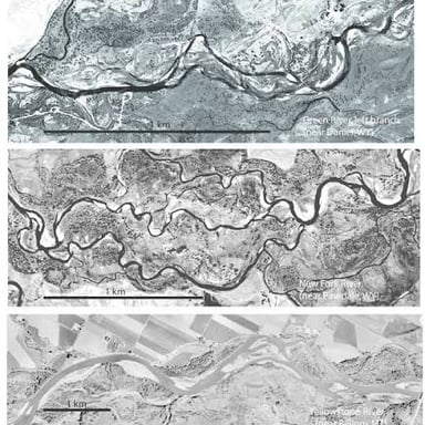 An aerial view of a river channel that becomes narrower.
