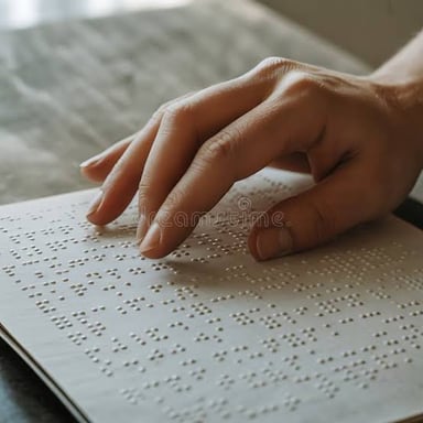 Fingertips moving across raised Braille dots on a page.