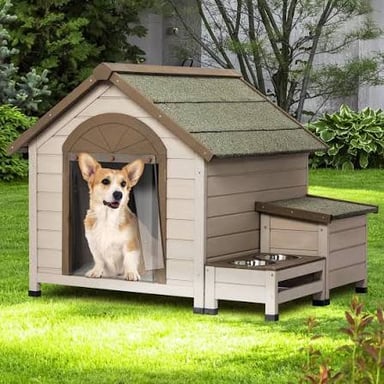 A dog beside a small wooden kennel.