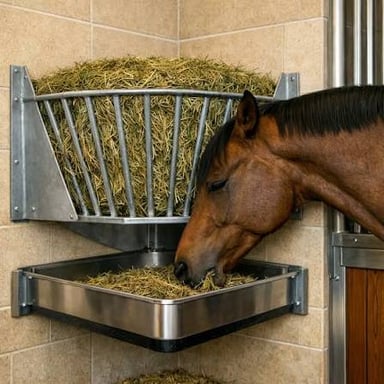 Hay and grain set out as feed for a horse.
