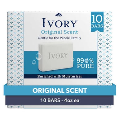 A bar of Ivory soap with its product packaging.