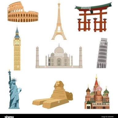 The Taj Mahal and Eiffel Tower shown as recognizable architectural landmarks