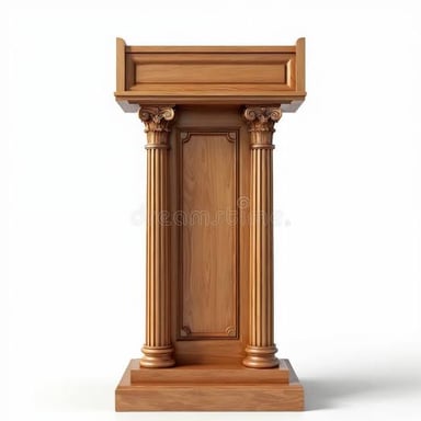 A raised speaking platform with a lectern in front of an audience.