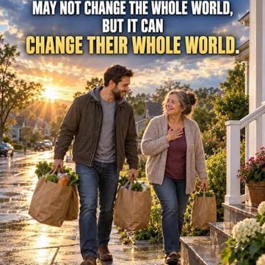 A person helping a neighbor carry groceries.