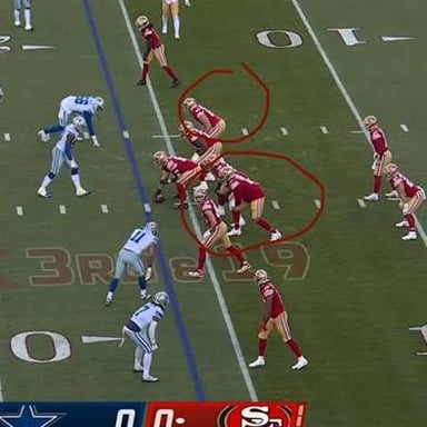 A football lineman positioned at the line of scrimmage.