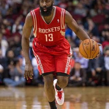 James Harden wearing a Houston Rockets uniform.