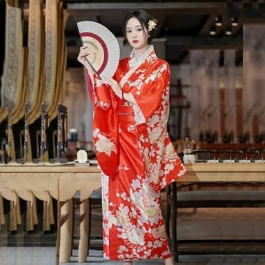 A traditional Japanese kimono displayed as a full-length wraparound garment with wide sleeves.