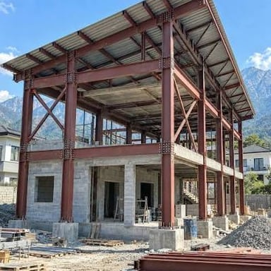 A building’s frame being erected at a construction site.
