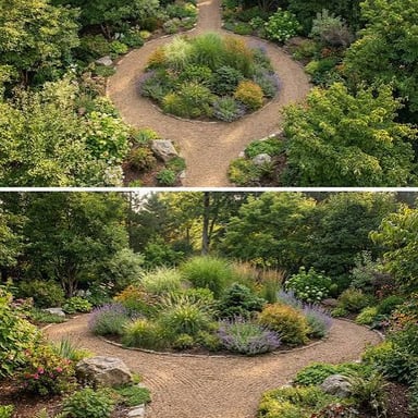 Plants growing over the edge of a garden path.