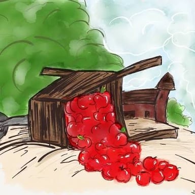 An apple cart shown tipped over with apples spilling out.