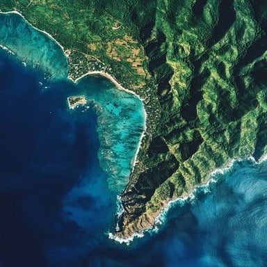 Aerial view of land bordering the sea.