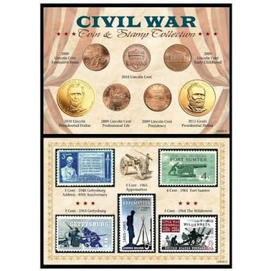 A collection featuring postage stamps and coins
