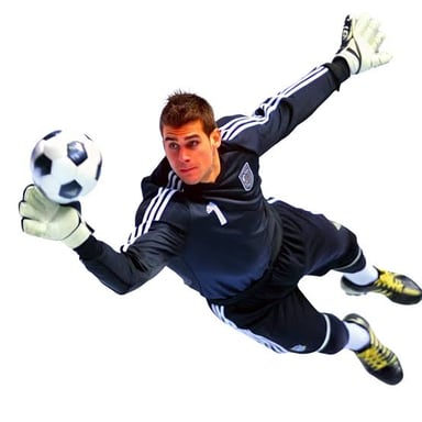 A soccer goalkeeper dives to stop a shot from entering the goal.
