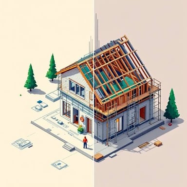 An illustration showing a plan or blueprint becoming a completed real structure.