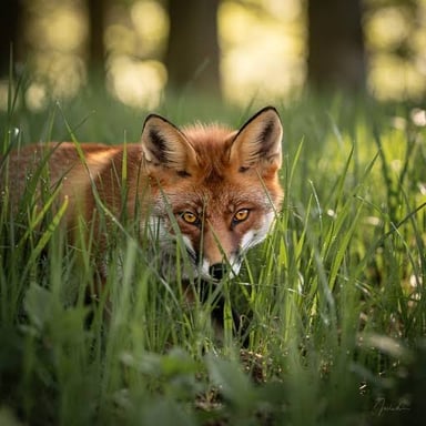A red fox moving quietly through grass.