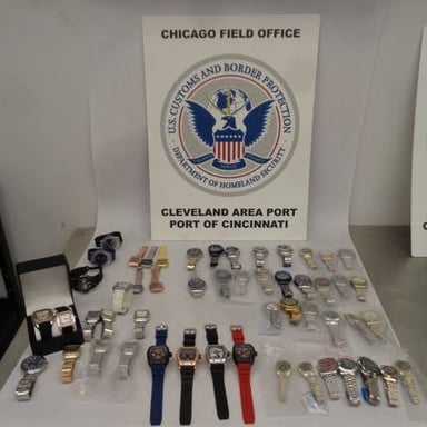 Seized goods are displayed by customs officers.