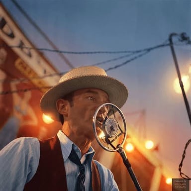 A carnival barker calling to visitors outside a sideshow.