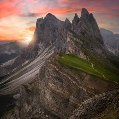 A high mountain ridge forming a line between peaks