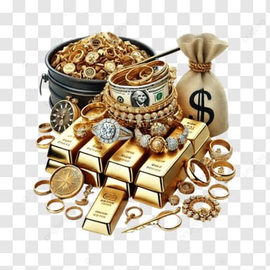 A pile of gold coins and jewelry representing material riches.