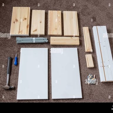 Furniture components laid out before assembly