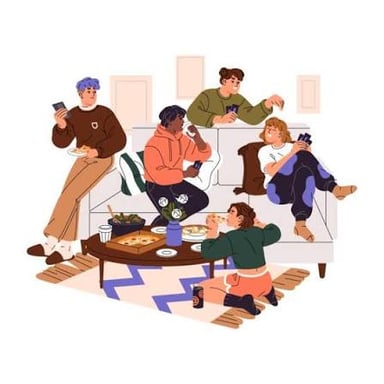 Guests talking animatedly at a lively party.