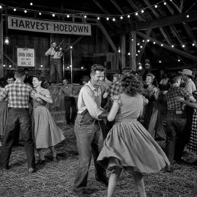 People dancing together at a country hoedown.