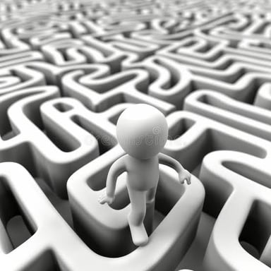 Illustration of a person reaching a goal by an unspecified route through obstacles