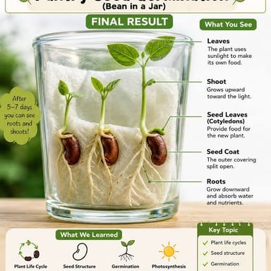 A bean seed beginning to sprout, with a root and shoot emerging.